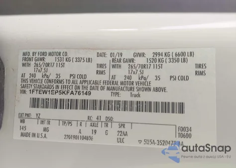 2019 Ford F-150 Xlt from USA, damaged, VIN 1FTEW1EP5KFA76149